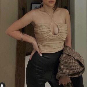 Zara Beige Strapless Ruched Keyhole Crop Top